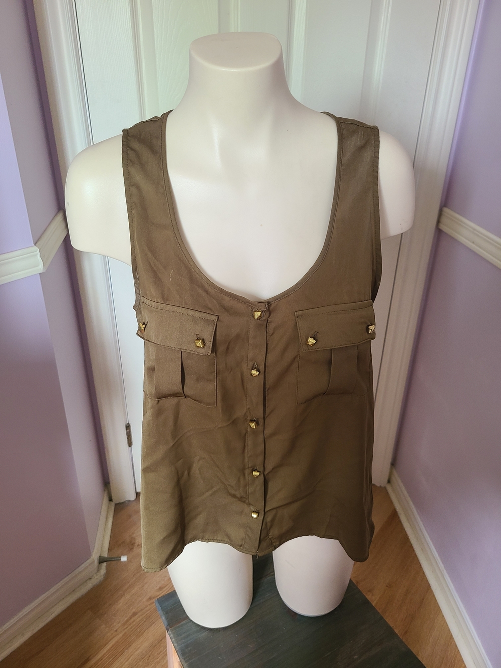 Forever 21 Olive Utility Button-Front Tank with Gold Studs